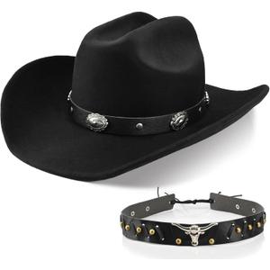 100% Wool Western Cowboy Hat for Men Women Classic Fedora Hat Felt Cowgirls Hats with Two Decorative Bands (Medium-X-Large)