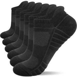 Lapulas Athletic Running Ankle Socks, Low Cut Cushioned Anti-Blister Tab Sports Socks Men Women 6Pairs (Black, L)
