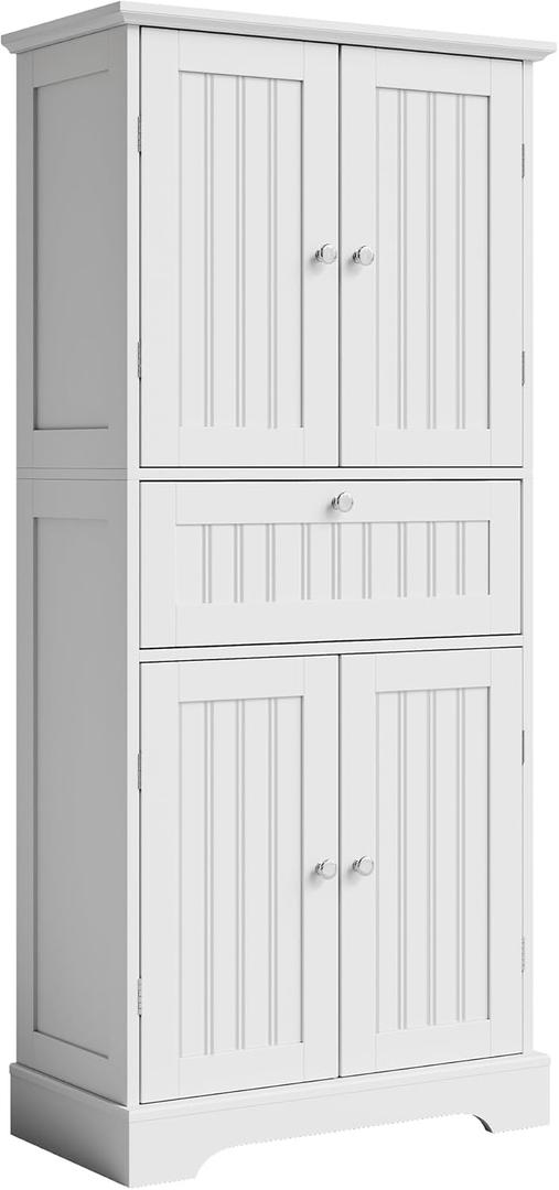 ChooChoo 51" H Tall Bathroom Floor Cabinet, Modern Bathroom Storage Cabinet with Drawer and Adjustable Shelves, Freestanding Kitchen Pantry Cupboard with 4 Doors for Living Room, White, 11.81"D x 23.62"W x 51.18"H