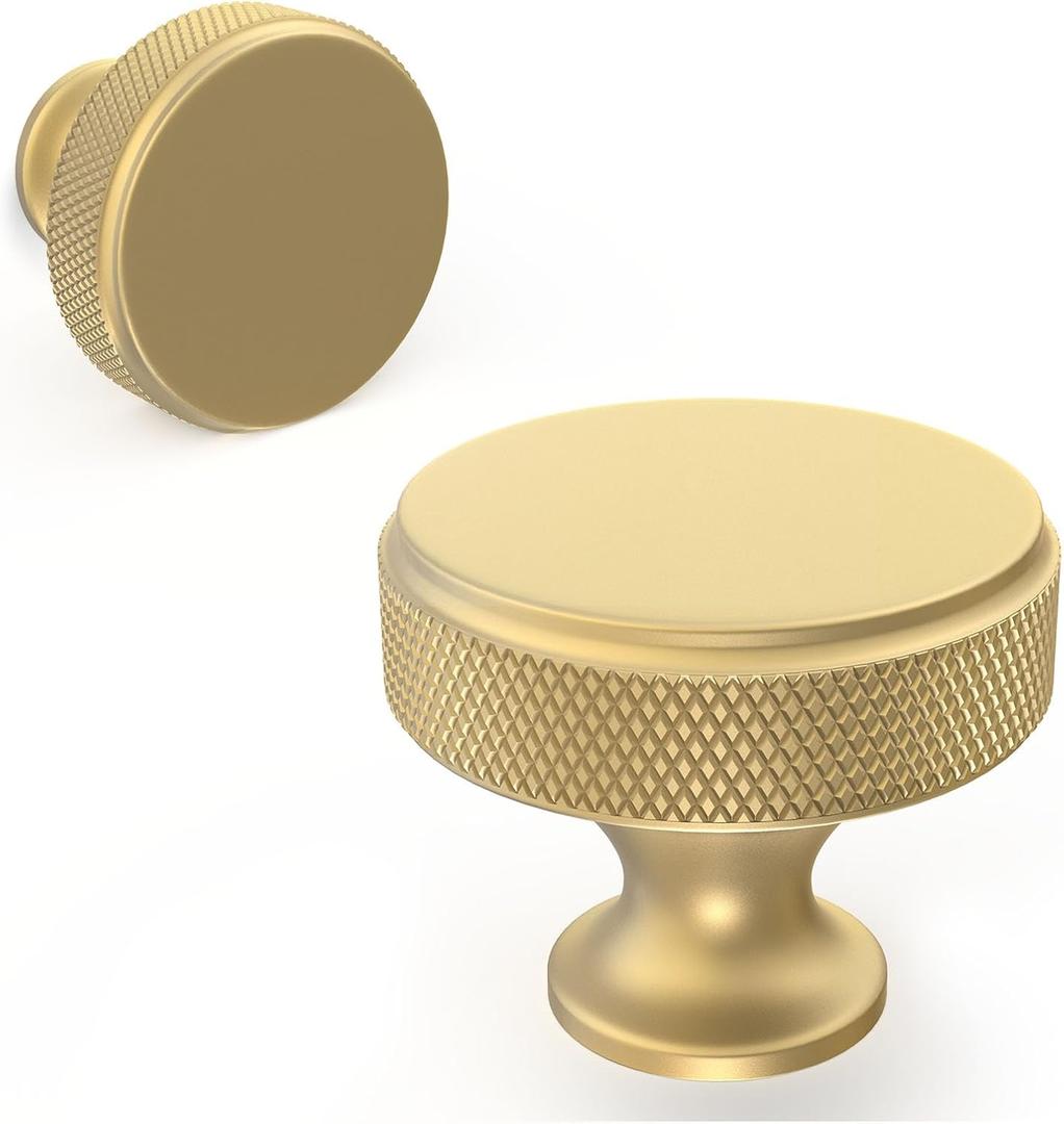 10 Pack Kitchen Cabinet Knobs Brushed Gold Cabinet Pulls Gold Knurled Drawer Knobs Solid Kitchen Hardware (Single Hole Knob)