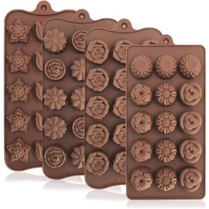 4 Pack Flower Shape Silicone Molds Chocolate Candy Mold, DanziX Silicone Mold for Christmas,Wedding,Festival, Parties, DIY Enthusiasts-15 Cavity