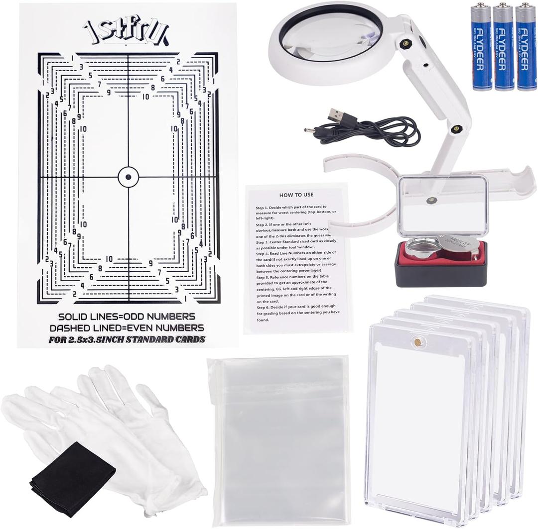JstFrU Sports Card Grading Kit,Card Grading Centering Tool Set,LED Magnifying Table Lamp,High Intensity Magnifying Loupe, Microfiber Cloth,Gloves,Soft Sleeves,Magnetic Holders,Batteries (White)