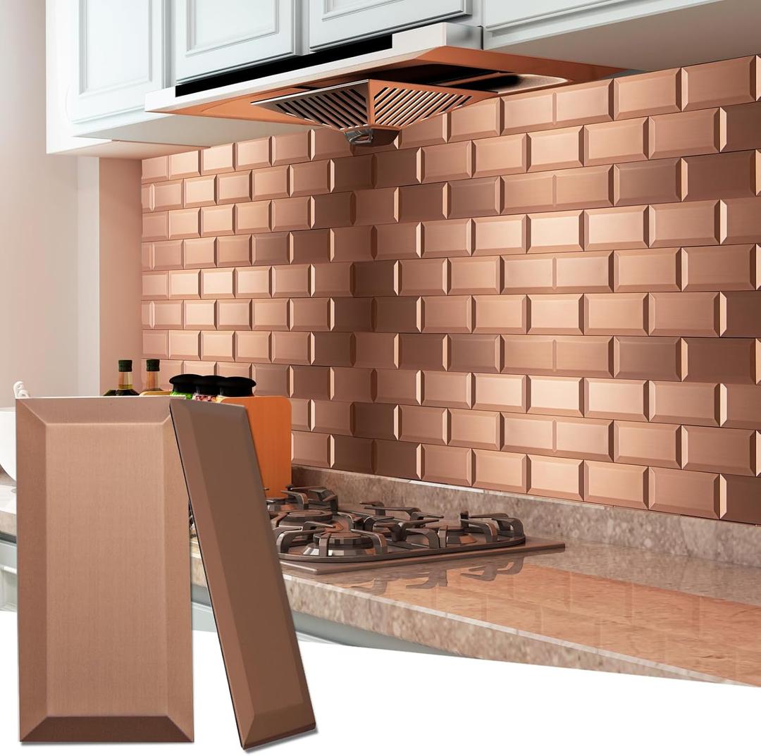 Art3d 100 Pcs Peel and Stick Backsplash Tiles, 3D Textured Metal Stick On Subway Wall Tiles for Kitchen Back Splashes, Bathroom, Laundry Room, 3 x 6 Inch, Copper