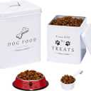 Meraki Home Small Dog Food Container and Dog Treats Container - Tight Lids - Feed Scoop and Pet Food Bowl - Farmhouse Metal Storage Bin - Glossy White