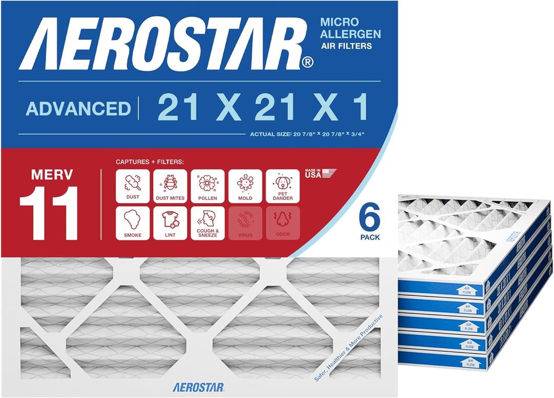 Aerostar 21x21x1 MERV 11 Air Filter, 6 Count, ACTUAL SIZE (20.88 x 20.88 x 0.75), HVAC, Air Conditioning & Furnace Filter for Dust, Pet Dander, Smoke & Allergies (MPR 1200 / FPR 7), Made in USA