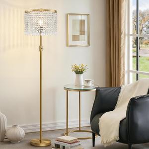 Upgraded Dimmable Crystal Floor Lamps for Living Room, 1000LM LED Bulb Included, Standing Lamp with Knob Switch, Tall Gold Pole Light for Bedroom Nursery Office Corner Reading