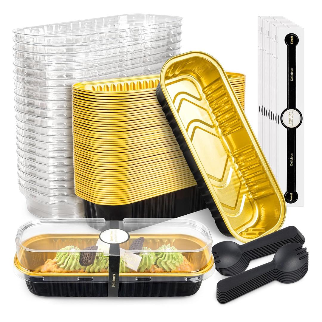 NPLUX 50 Pack Mini Cake Pans with Lids and Spoons Black Gold Rectangular Aluminum Foil Baking Pans Mini Cheesecake Containers Mothers Day Gifts Party Favors(6.8oz)