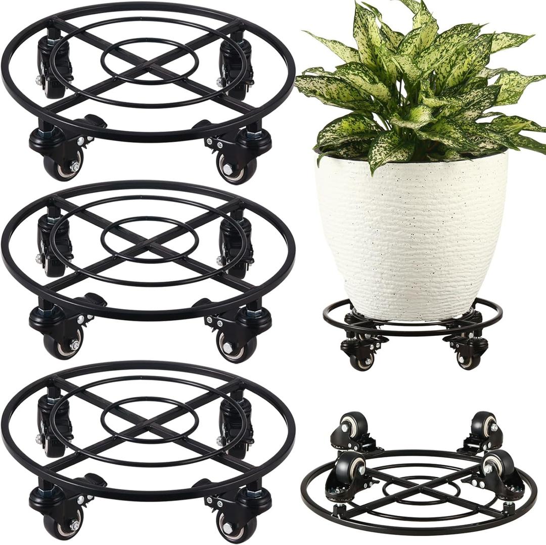 3 Packs Metal Plant Caddy with Wheels 12" Rolling Plant Stands Heavy-Duty Wrought Iron Plant Dolly Plant Rollers Planter Mover with Casters