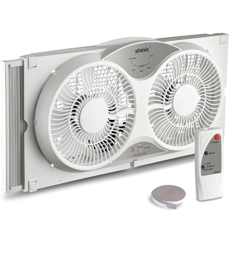 shinic 9" Twin Window Fan with Remote Control,Reversible Airflow,Removable Cover,3 Speeds, 3 Modes, Expandable Panels (From 24" to 37"),ETL Certified, White