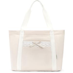 ECOHUB Lace Bows Canvas Tote Bag for Women, Large Work Tote Suitable for Birthday, Beach, Wedding, Honeymoon, Shoulder Handbags Gifts for Mom, Brides, Friends, Bridesmaids, Beige 24L