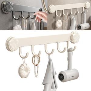 5 Hooks White Suction Cup Shower Hooks, Heavy Duty Damage-Free Hangers for Shower Wall, Powerful Vacuum Suction Towel Hook, Easy Install & Remove, Dimensions: 15"x3" / 38x8 cm