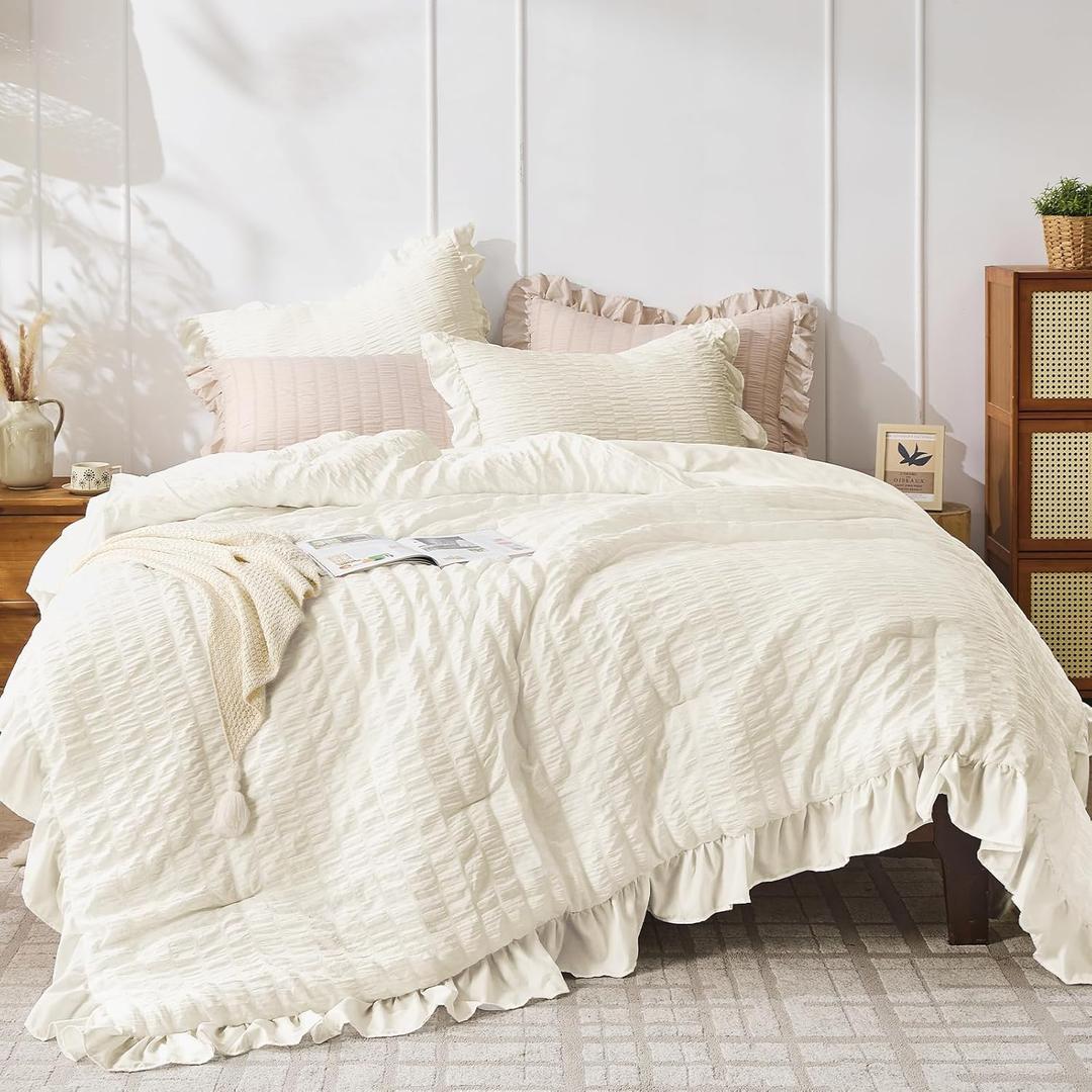 JOLLYVOGUE Ivory Queen Comforter Set, 3 Pieces Seersucker Comforters Queen Size, Lightweight & Fluffy Bedding Sets Queen for All Season with 1 Ruffle Comforter and 2 Ruffle Pillowshams