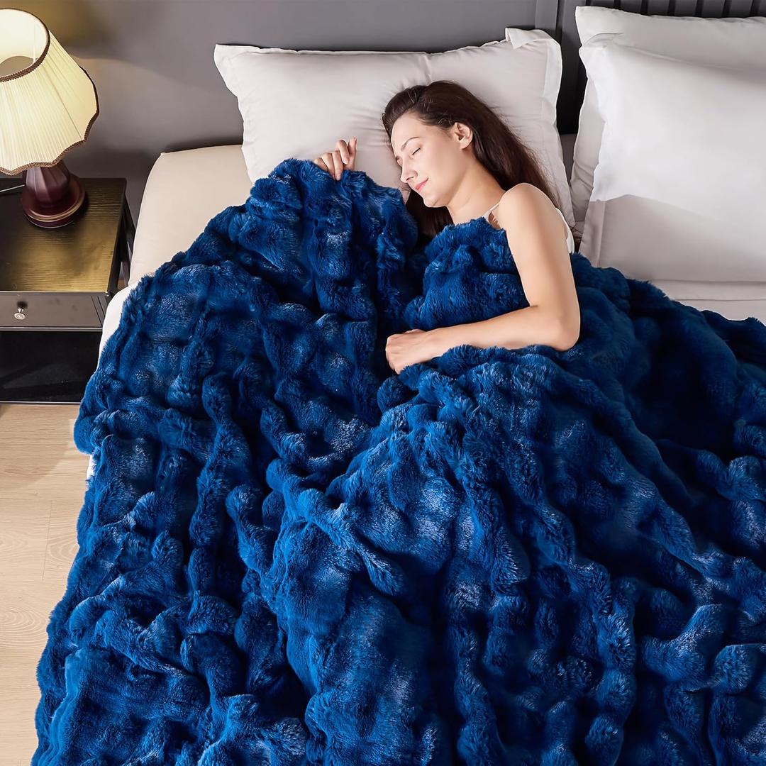 Luxury 1000GSM Faux Rabbit Fur Throw Blanket, Super Heavy Warm Cozy Blankets for Couch Bed Sofa, Bubble Plush Fuzzy Elegant Soft Reversible Mink Blanket for Living Room Bedroom, Navy Blue (50"x60")