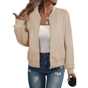 EVALESS Womens Bomber Jacket Coat Casual Stand Collar Zip Up Lightweight Fall Fashion Jackets Outfits with Pockets (Beige, S)
