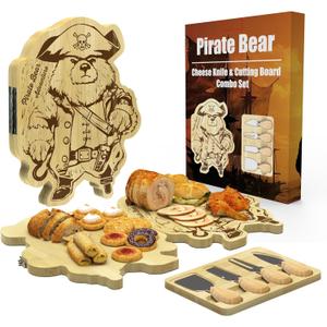 Pirate Bear Charcuterie Cheese Board with 4 Cheese Knives Bamboo Folding Portable Charcuterie Tray Perfect Choice for Christmas Birthday Gifts for Women Men