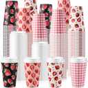 Jingmore 100 Pcs 12 Oz Strawberry Disposable Coffee Cups with Lids Red Strawberry Paper Drinking Cup for Hot Cold Beverage Drink Juices for Stand Supplies Summer Party Decoration Birthday