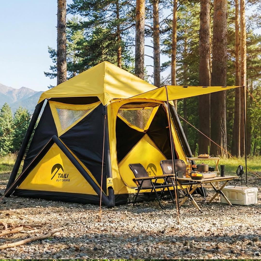 TAILI Inflatable Blow Up Tent for Camping with Hand Pump for 2-4 Person, Easy Setup Outdoor Inflatable Oxford Waterproof Air Tent House for Family Camping Adult, Yellow Black