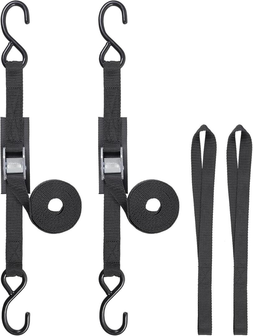 EXVITAL Tie Down Straps with Hook Cam Buckle Straps 1" x 8 1200lbs Break Strenght with Extra Soft Loops for Motorcycle, Kayak, ATVs, Dirt Bike, Truck, Car Black 2 Pack