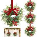 4 Pcs 11" Small Christmas Wreaths for Windows Kitchen Cabinets, Mini Christmas Wreath with Cedar Cypress Eucalyptus Leaf Pinecones Red Berried Bow Christmas Wreaths for Front Door Wall Chairs Stairs