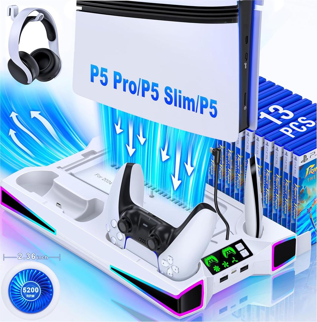 LIFUFUTEE PS5 Stand, PS5/Slim/Pro Cooling Station with 2.36in Cooling Fan, Controller Charger Station for PS5 Accessories, RGB Light, Headset Holder, 3 Charger Ports for PlayStation 5 Slim/Pro Console