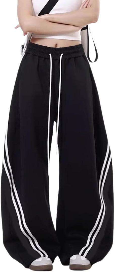 Wide Leg Sweatpants for Women Men Baggy Casual Joggers Barrel Sweat Pants Elastic Waist Drawstring Pants (Medium, Black)