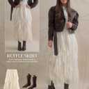 Wyeysyt Women's Ruffle Maxi Skirt Flowy Long Layered Skirts A Line Tiered Trendy Skirt (Beige, L)