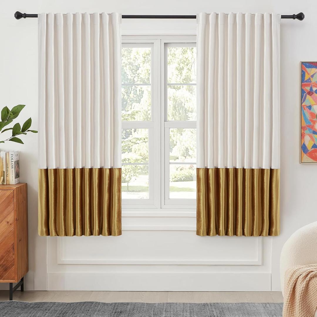 Velvet Curtains for Living Room Cream Ivory Gold 63 inches Long,2 Panels Blackout Curtains Modern Color Block Back Tab Rod Pocket Soundproof Drapes for Bedroom Window Decor