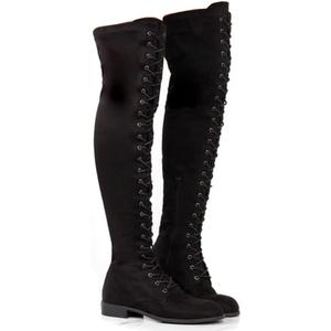 YING LAN Women's Over The Knee Low Heel Lace Up Tall Boots (5.5, Black)