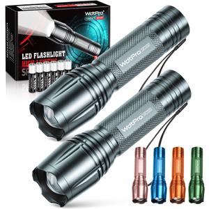 WdtPro LED Flashlight High Lumens SR2000 Pro, 2 Pack Brighter Tactical Flashlights with 5 Modes & Zoomable, Powerful Mini Flash Light for Emergency, Camping, Hiking (Grey)