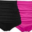 COCOPEAR Women's Ruched High Waisted Bikini Bottom Retro Vintage Swim Short Tankinis Floral 55 S (3X-Large, Black+deep Pink)