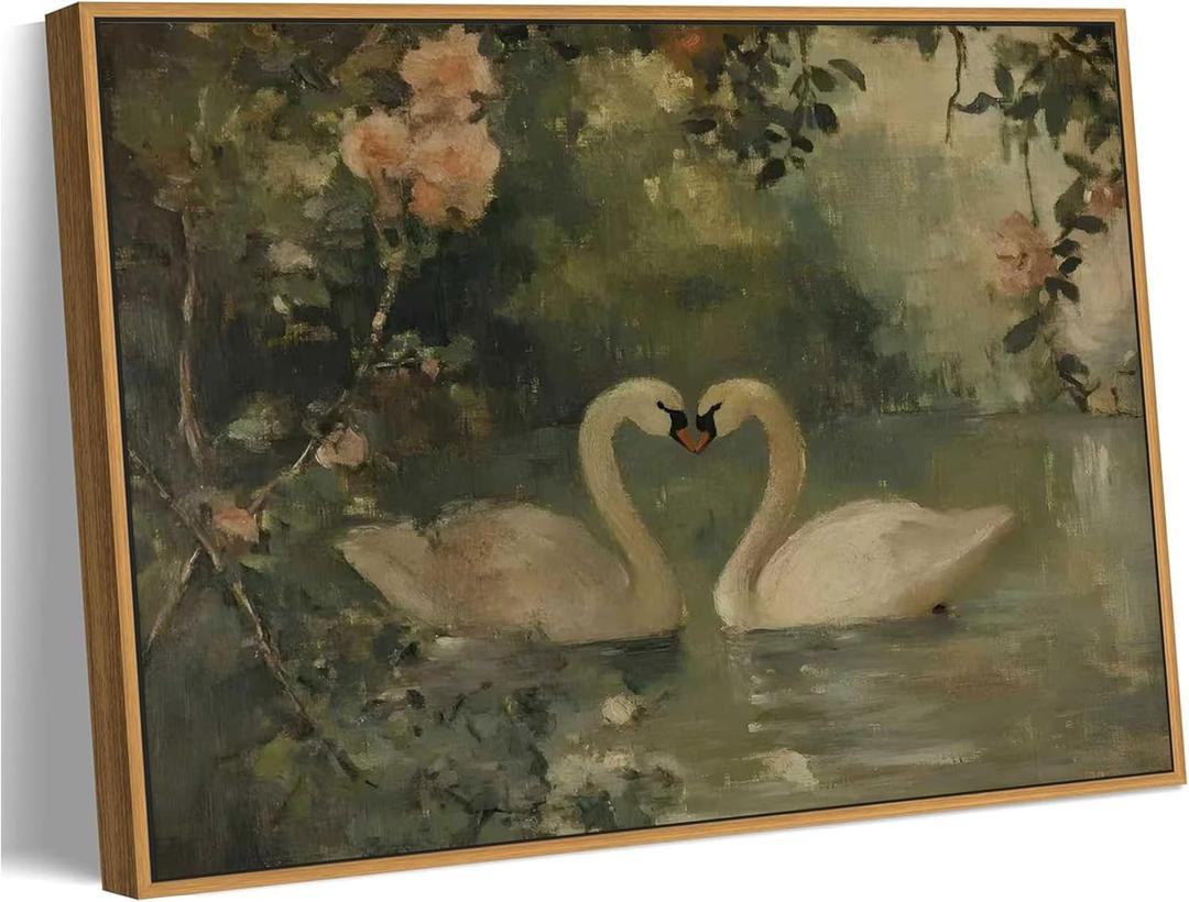 Framed Vintage Canvas Swan wall art Sage Green Print Antique Couple Swan Oil Painting Elegant Animal Pictures Wall Decor Farmhouse Aesthetic Wall Decor for Living Room Bedroom Farmhouse Home