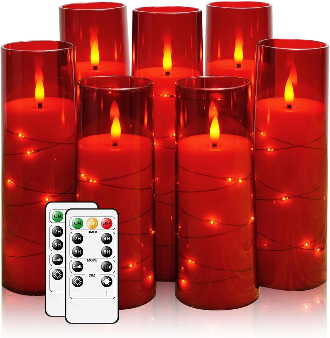 Flameless Candles, with Embedded Star String, Battery Operated Candles Flickering LED Pillar Candles with Remote Control and Timer, Home Decoration Add a Warm and Romantic AtmosphereSet of 7 (Red)