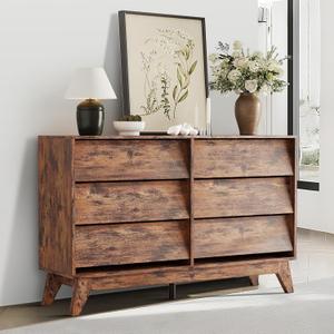 GarveeHome 6-Drawer Dresser for Bedroom, 47.2 in Wide Mid Century Chest of Drawers, Wooden Dresser TV Stand, Vintage Dressers with Bevel Design for Bedroom, Living Room, Hallway, Antique Wood