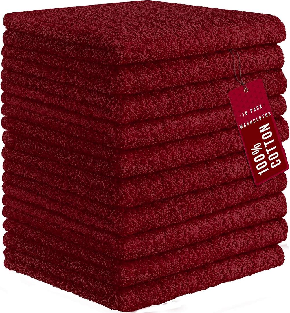 DecorRack 10 Pack 100% Cotton Wash Cloth, Luxurious Soft, 12 x 12 inch Ultra Absorbent, Machine Washable Washcloths, Red (10 Pack)
