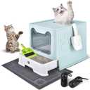 Enclosed Cat Litter Box with Lid Foldable Potty,Drawer Type Extra Large Cover Litter Box with Mat, Kitty Free in and Out/One-Way,Odor Control Anti-Splashing Easy Cleaning (Blue)