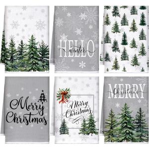 Bencailor 6 Pcs Christmas Kitchen Towels Absorbent Soft Microfiber Farmhouse Dish Towels Sets 16x24inch Winter Christmas Hand Dishcloths for Housewarming Gift(Green, Snow Tree Style)
