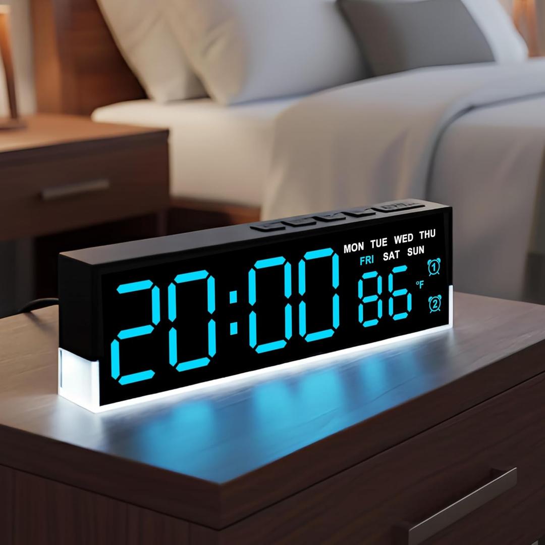 JENLYSTIME 7 Inch LED Digital Alarm Clock with Dual Alarms & Bottom GlowDisplays Time, Date, Day, Temperature3-Level Auto/Manual Brightness, DST, USB or Battery Powered Modern Desk Clock (Blue)