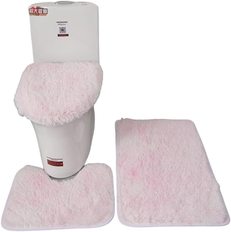 Thicken 3 Piece Bathroom Rug SetU-Shaped Contour Rug, Mat and Toilet Lid Cover,Water Absorbent Soft Microfiber Shaggy Bathroom Mat,for Tub, Shower, Bath Room,Machine Washable (Light Pink)