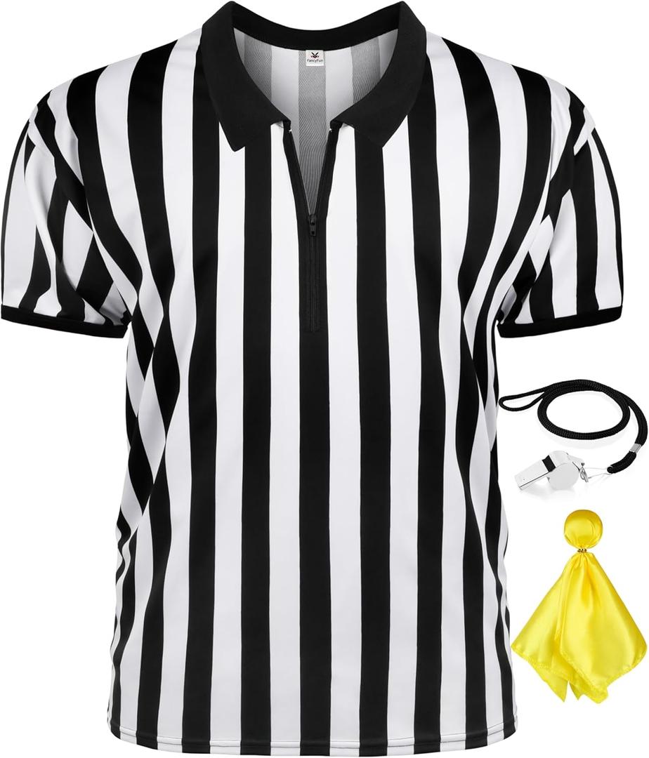3 Pcs Referee Shirt, Referee Costume Men Women Zipper Collar Black and White Striped Ref Shirt for Football Soccer Sports (Large)