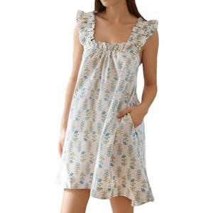 Sotimoon Womens Ruffle Nightgown Sleeveless Floral Night Gown Cotton Nightdress Size M