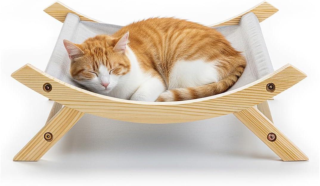 CallieCo Wooden Cat Hammock Bed, Modern Elevated Pet Lounger with Premium Wooden Frame & Breathable Fabric, Stylish Indoor & Outdoor Cat Bed for Cats & Small Dogs - Gray