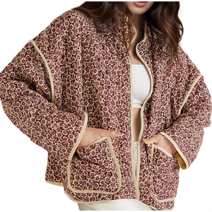 Wyeysyt Women's Cropped Puffer Jacket Lightweight Floral Print Long Sleeve Padded Quilted Puffy Cardigan Coat S