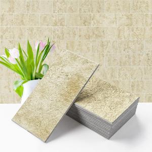 Vamos Tile 100-Piece Peel and Stick Backsplash Seamless Tile,3''x6'' Textured Beige Travertine with White Grout PVC Subway Tile,Stick on Backsplash for Kitchen/Bathroom/Laundry Room