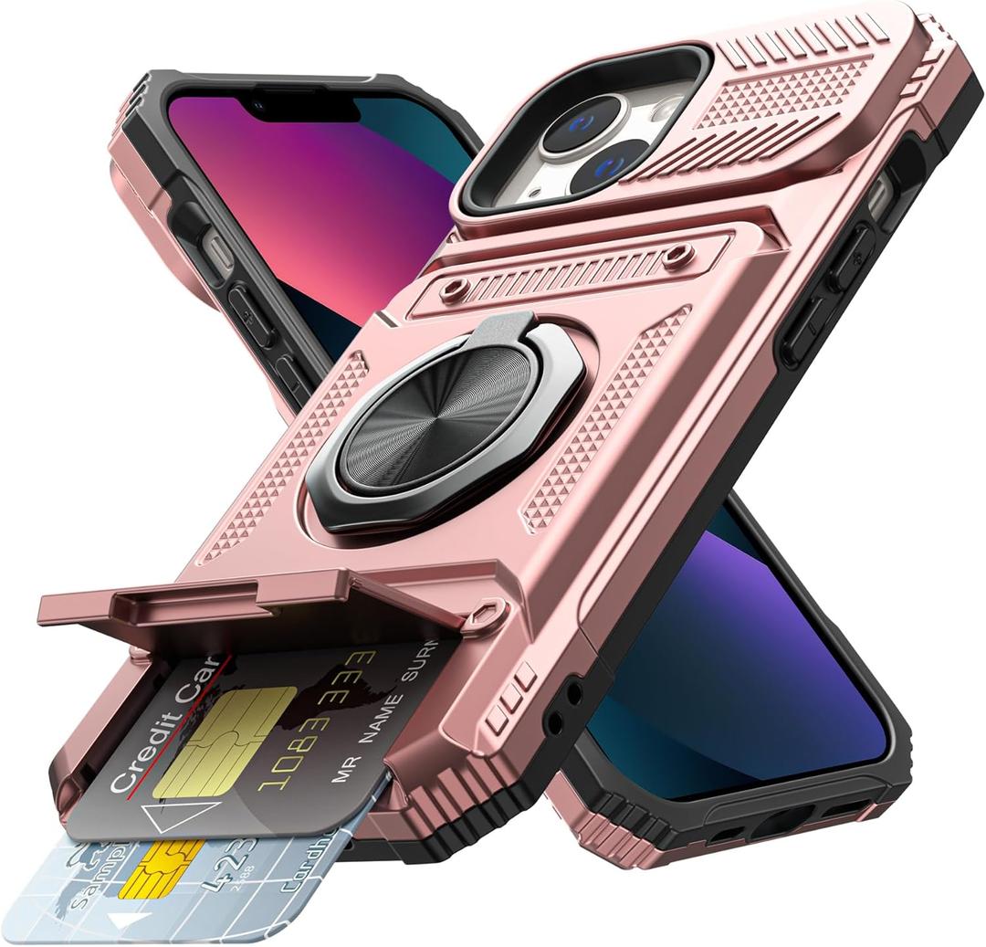 Vofolen for iPhone 13 Wallet Case with Card Holder [Store 2 Cards] + 360 Magnetic Ring Stand Dual Layer Heavy Duty Protective Shockproof Wallet Phone Case Cover for iPhone 13 for Women Men Rose Gold