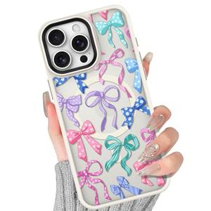 BITOBE Case for iPhone 15 Pro Max [Compatible with MagSafe] Cute Ribbon Bow Pattern for Women Girls Soft TPU Bumper Translucent Magnetic Slim Protective Cover - Bows
