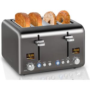 SEEDEEM 4 Slice Stainless Toaster with LCD Display, 7 Shade Settings, Wide Slots, Bagel/Defrost/Reheat Functions, Removable Crumb Tray, 1800W (7.3*10.6*11.2, Dark Metallic)