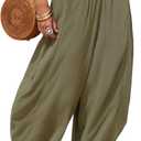 EXLURA Womens Faux Linen Wide Leg Boho Flowy Pants Summer Palazzo Casual Elastic Waist Baggy Trousers Beach Vacation Pockets (Green, XL)