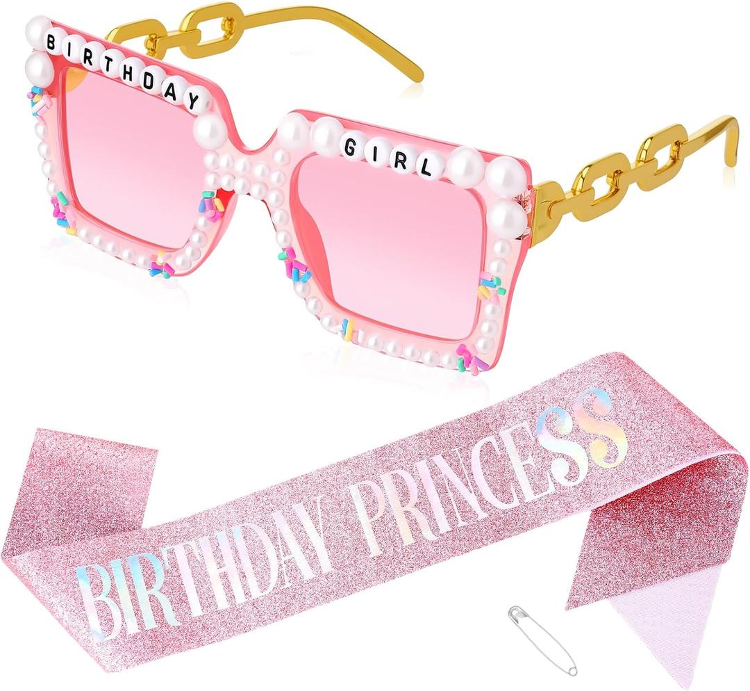 3 x Pink Birthday Princess Sash and Sunglasses for Women Birthday Girl Party Decoration Party Gifts