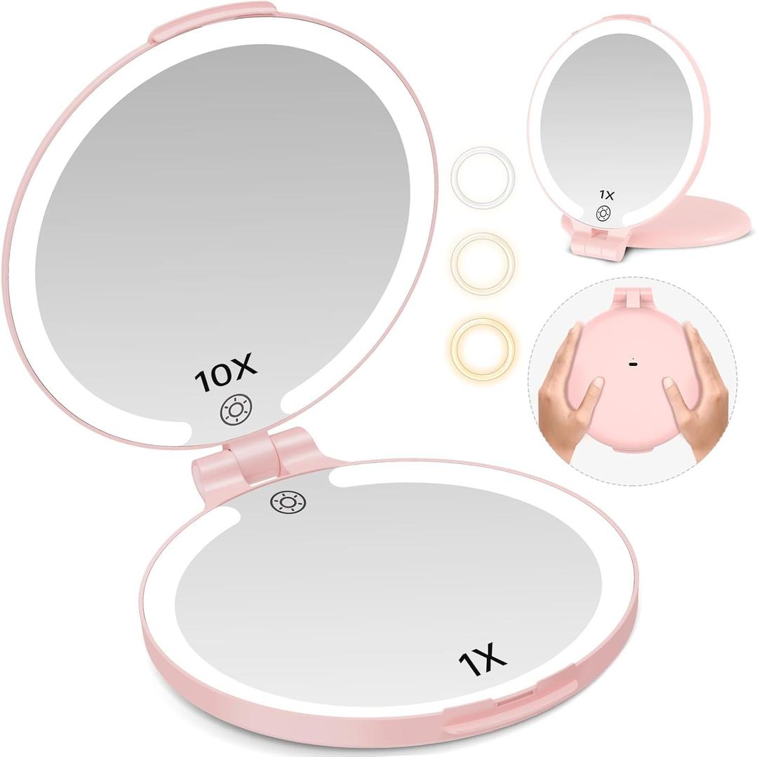 FUNTOUCH Travel Mirror with Light, 10X 1X Double Sided Magnification Rechargeable Mirror for Women Girls with 3 Color Setting Adjustable Rotation LED Vanity, Pink
