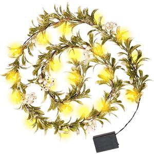 6FT Christmas Winter Mistletoe Olive Garland with White Berries, Christmas Greenery Garlands with 20 LED Lights, Pre-lit Garland for Mantel Fireplace Stair Table Winter Holiday Decorations